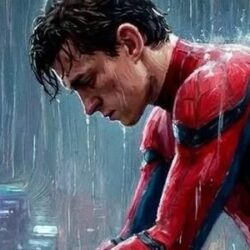 Niedergeschlagener Spider-Man steht im strömenden Regen vor einer Stadtkulisse